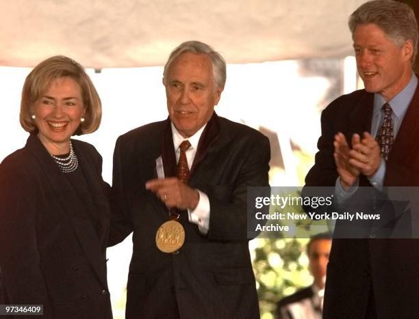 President Bill Clinton and Mrs.Clinton present Arts and Humanities award to Jason Robards on the South Lawn of the White House.