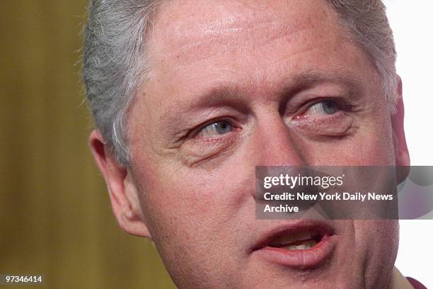 President Bill Clinton address the media during legal settlement in which gun manufacturer Smith and Wesson will make several changes in its gun...