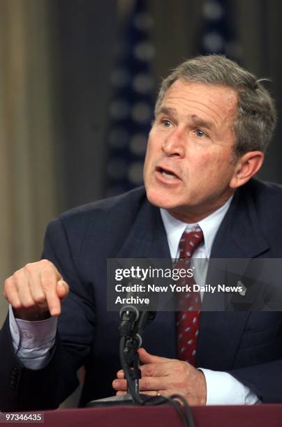 President Bush addresses business leaders at Federal Hall in lower Manhattan. Bush, here for the second time in less than a month, proposed an...