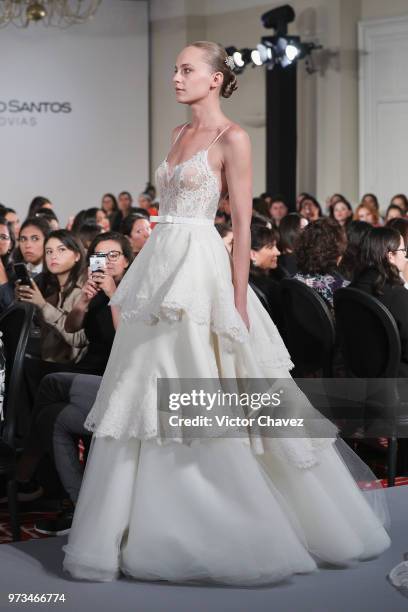 Model walks the runway wearing Benito Santos brides collection during the Mexico Bridal Show by Vogue at Four Seasons hotel on June 13, 2018 in...