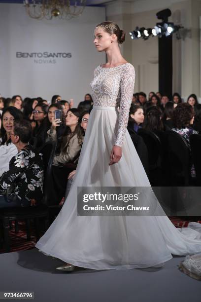 Model walks the runway wearing Benito Santos brides collection during the Mexico Bridal Show by Vogue at Four Seasons hotel on June 13, 2018 in...