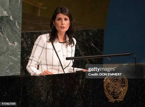 Ambassador to the United Nations Nikki Haley speaks to the General Assembly before a vote, to deplore Israeli actions in Occupied East Jerusalem and...