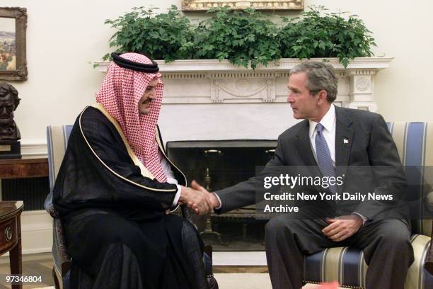 President Bush welcomes Saudi Arabian Foreign Minister Saud al-Faisal at a meeting in the White House as the administration works to put together an...