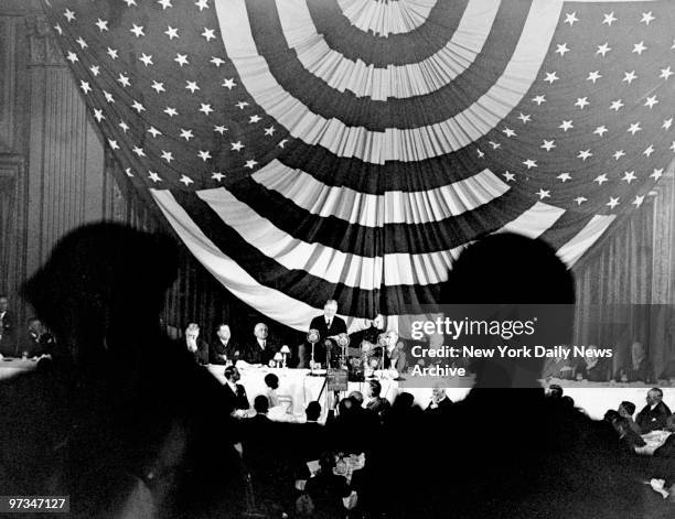 President Herbert Hoover speaking to members of the Associated Press at the Waldorf-Astoria.