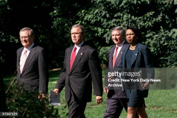 President is joined by Defense Secretary Donald Rumsfeld White House Chief of Staff Andrew Card and National Security Advisor Condoleezza Rice as...