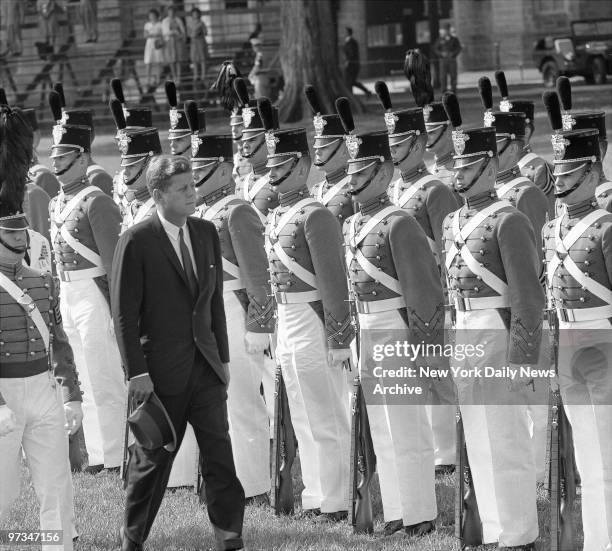 President John F. Kennedy, a Navy man himself, reviews West Point Cadets during graduation ceremonies