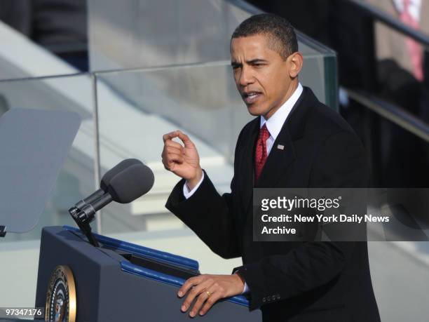 President Obama gives the inaugural address after he has taken the Oath of Office and is sworn in as the 44th President of the United States in front...