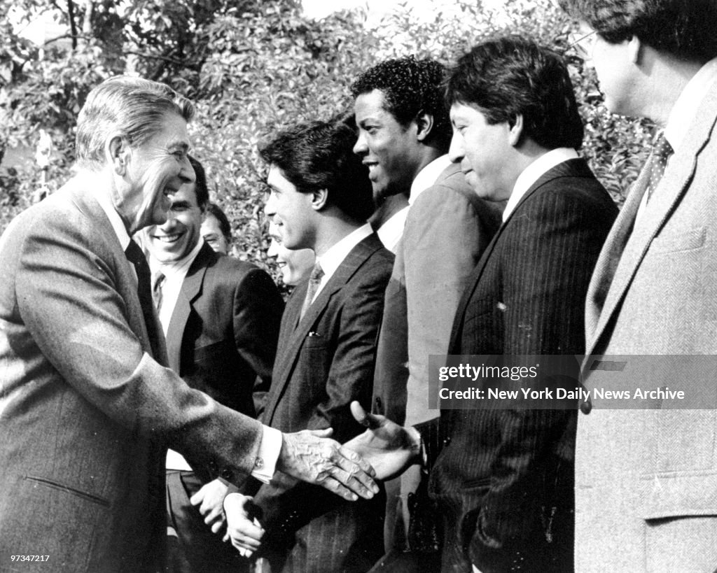 President Ronald Reagan shaking hands with Mets' Jesse Orosc