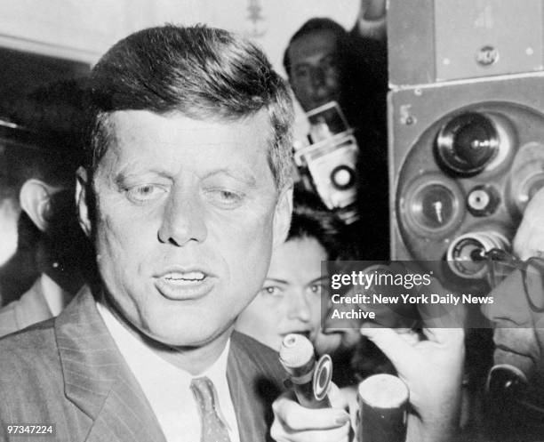 President-elect John F. Kennedy talking with reporters at the Biltmore Hotel.