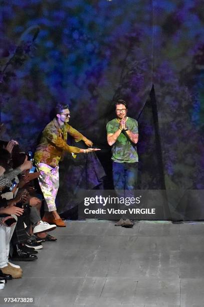 Model walks the runway at the Oliver Spencer Spring/Summer 2019 fashion show during London Fashion Week Men's June 2018 on June 9, 2018 in London,...