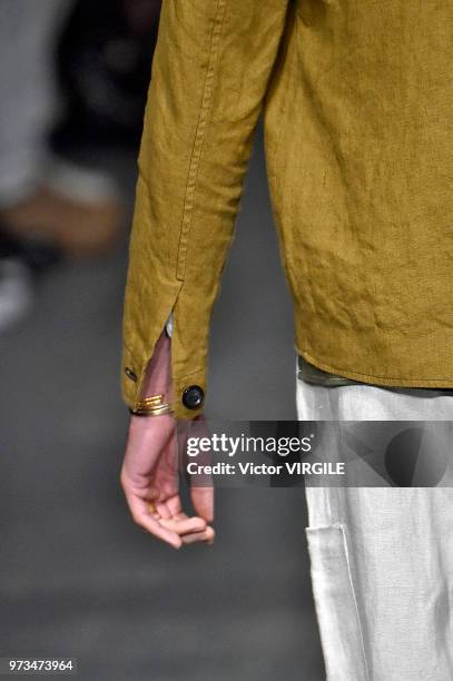 Model walks the runway at the Oliver Spencer Spring/Summer 2019 fashion show during London Fashion Week Men's June 2018 on June 9, 2018 in London,...