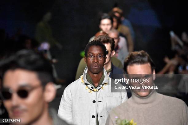 Model walks the runway at the Oliver Spencer Spring/Summer 2019 fashion show during London Fashion Week Men's June 2018 on June 9, 2018 in London,...