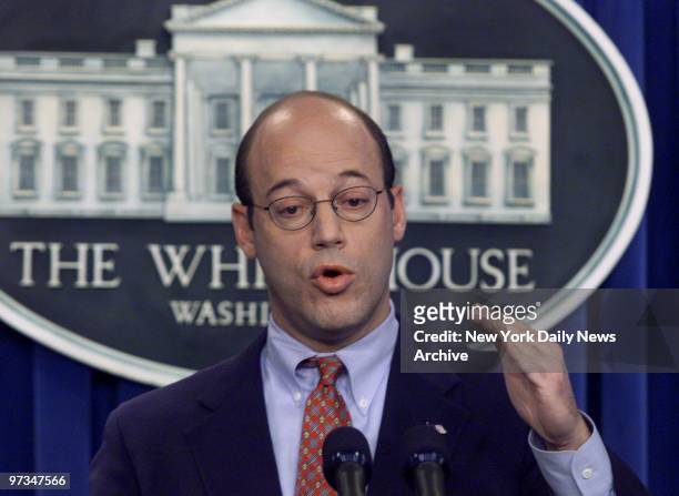 Press Secretary Ari Fleischer speaks during media briefing at the White House following crash of American Airlines flight 587 in New York City.