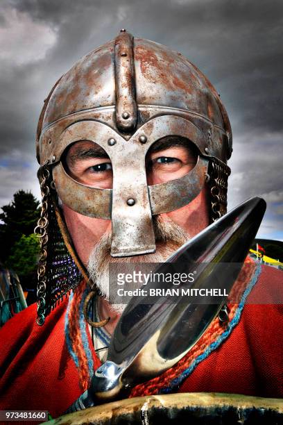 full frame portrait, head and shoulders of a viking warrior - traditioneller helm stock-fotos und bilder