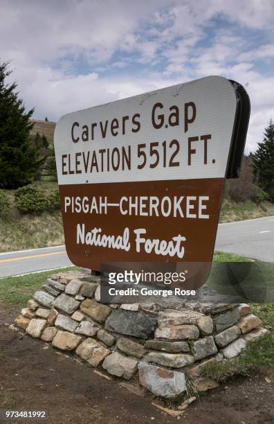 Sign at Carvers Gap in the Pisgah-Cherokee National Forest is viewed on May 7, 2018 near Asheville, North Carolina. Located in the Blue Ridge...