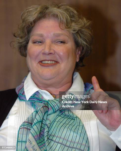 Rape victim Kathleen Ham talks at press conference in Manhattan DA Robert Morgenthau's office after conviction of Clarence Williams for a rape which...