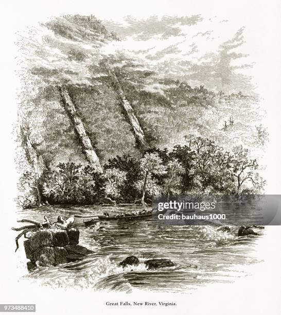 ilustraciones, imágenes clip art, dibujos animados e iconos de stock de great falls, new river, virginia, estados unidos, grabado victoriano americano, 1872 - canoe rapids