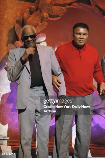 Ray Charles and Muhammad Ali rehearse for the Fifth Annual ESPY Award show at Radio City Music Hall.