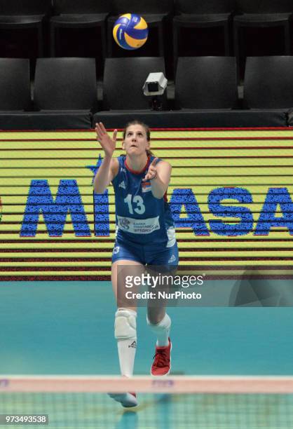 Of Serbia in action during FIVB Volleyball Nations League on 12 June 2018 in Santa Fe, Argentina. The U.S. Womens National Team lost to Serbia 30-28,...