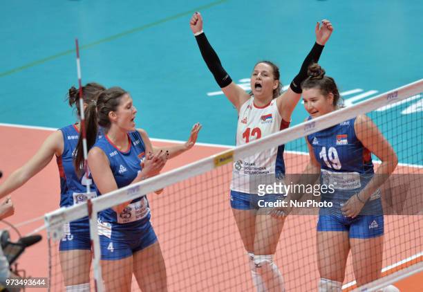 And BOJANA MILENKOVIC of Serbia celebrate with teammate during FIVB Volleyball Nations League on 12 June 2018 in Santa Fe, Argentina. The U.S. Womens...