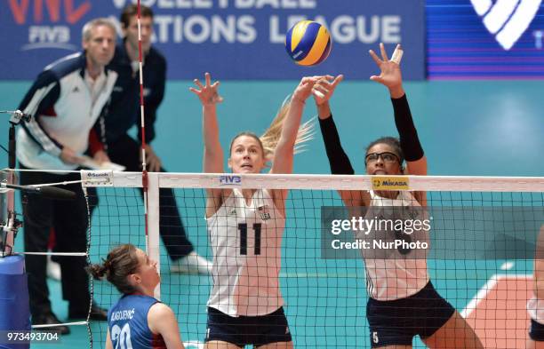 Annie Drews and Rachael Adams of USA in action during FIVB Volleyball Nations League on 12 June 2018 in Santa Fe, Argentina. The U.S. Womens National...