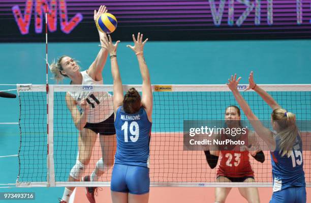 Of Serbia vies Annie Drews of USA in action during FIVB Volleyball Nations League on 12 June 2018 in Santa Fe, Argentina. The U.S. Womens National...