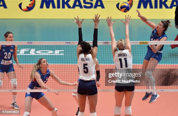 Rachael Adams and Annie Drews of USA in action during FIVB Volleyball Nations League on 12 June 2018 in Santa Fe, Argentina. The U.S. Womens National...