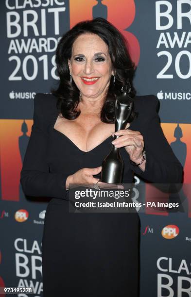 Lesley Joseph, on behalf of Benj Pasek and Justin Paul, with the Soundtrack of the Year award at the Classic Brit Awards 2018, Royal Albert Hall,...