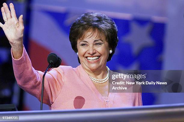 Rep. Nita Lowey waves to delegates as she addressed the Democratic National Convention at the Staples Center in Los Angeles.