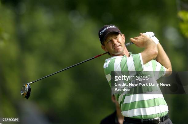 Retief Goosen watches his shot during a U.S. Open practice round at Winged Foot Golf Club in Mamaroneck, N.Y.