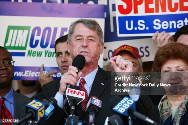 Republican senate hopeful John Spencer speaks during a GOP rally outside the Westchester Republican County Committee on Mamaroneck Rd., before...
