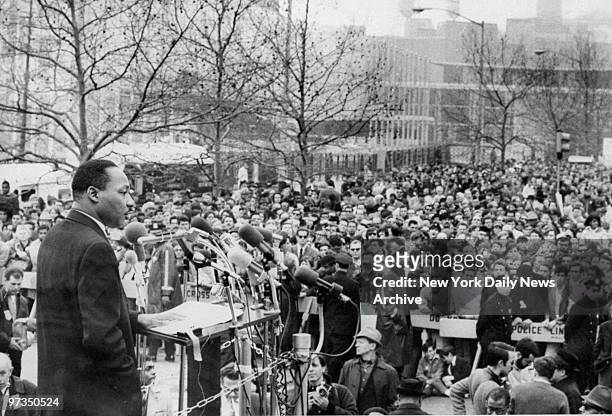 Rev. Martin Luther King, Jr. Addresses rally of anti-war protesters near the United Nations.