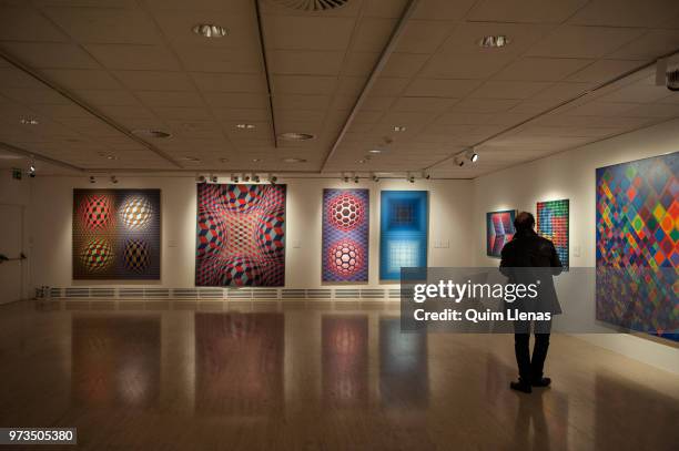 Visitor looks at some artworks during the press opening of the retrospective exhibition of Victor Vasarely named ‘The Birth of Op Art’. Held in the...