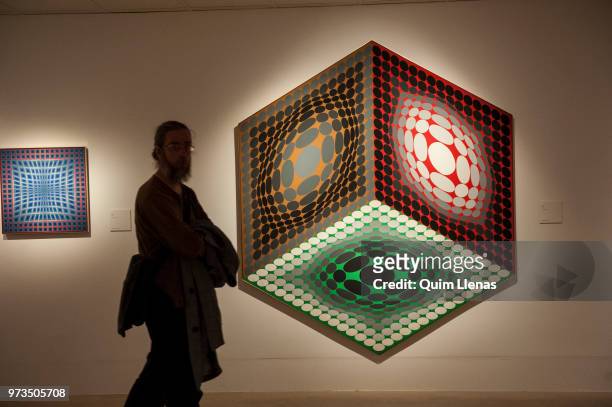 Visitor looks at the painting 'Trybox' during the press opening of the retrospective exhibition of Victor Vasarely named ‘The Birth of Op Art’. Held...