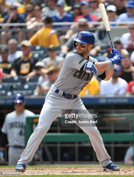 Tommy La Stella of the Chicago Cubs bats during the game against the Pittsburgh Pirates at PNC Park on May 28, 2018 in Pittsburgh, Pennsylvania. MLB...