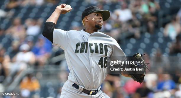 Pedro Strop of the Chicago Cubs delivers a pitch during the game against the Pittsburgh Pirates at PNC Park on May 28, 2018 in Pittsburgh,...