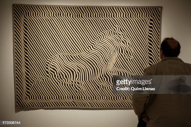 Visitor looks at the wooden wool tapestry 'Zebra' during the press opening of the retrospective exhibition of Victor Vasarely named ‘The Birth of Op...