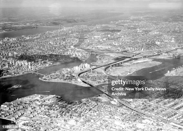 Robert Moses' three-armed Triborough Bridge is the center of a cityscape in which the following are other addidtions. In Manhattan the East River...