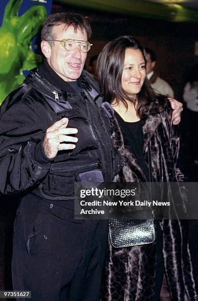 Robin Williams and wife Marcia attending movie premiere "Flubber" at LaGuardia High School for the Performing Arts.