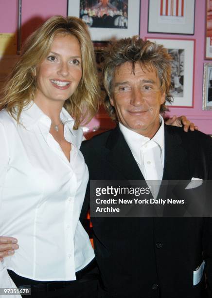 Rod Stewart and girlfriend Penny Lancaster pay a backstage visit at the Neil Simon Theater after taking in the play "Hairspray."