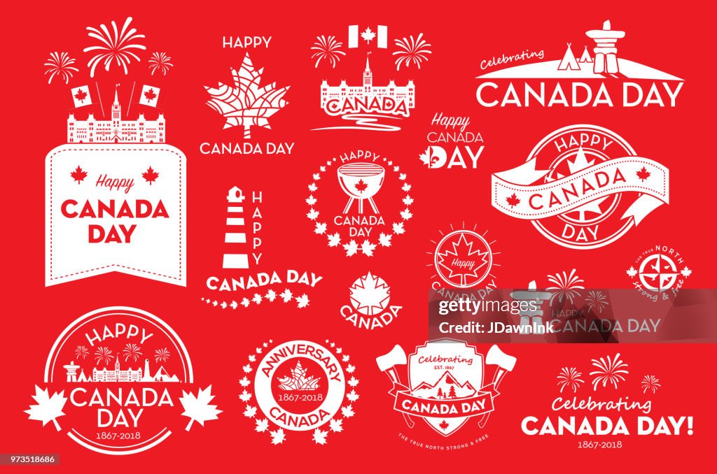 Set of Canada Day celebration emblem design template