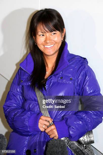 Ai Miyazato poses for photographs upon arrival at Narita International Airport on March 1, 2010 in Narita, Chiba, Japan. Miyazato returns to Japan to...