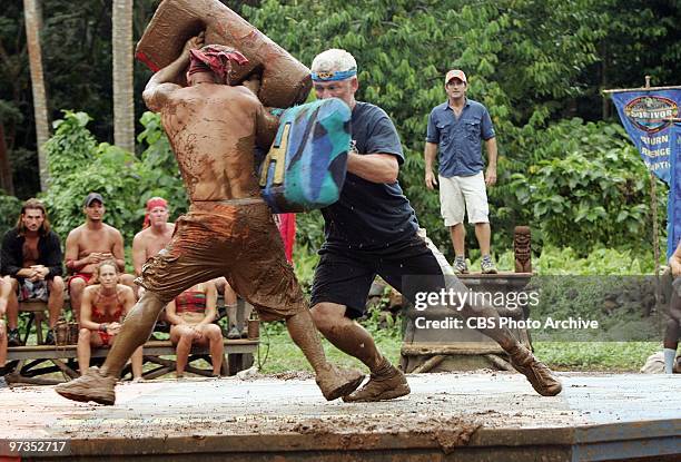 Benjamin "Coach" Wade, Rob Mariano, Jerri Manthey, Randy Bailey,Russell Hantz, Tom Wstman and Jeff Probst, during the immunity and reward challenge,...