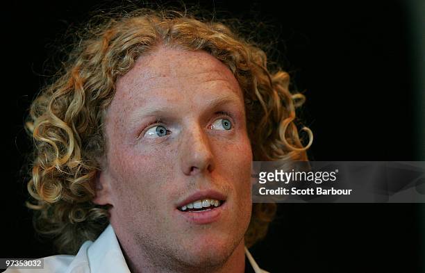 Athlete Steve Hooker of Australia speaks during the John Landy lunch club media conference at Melbourne Cricket Ground on March 2, 2010 in Melbourne,...
