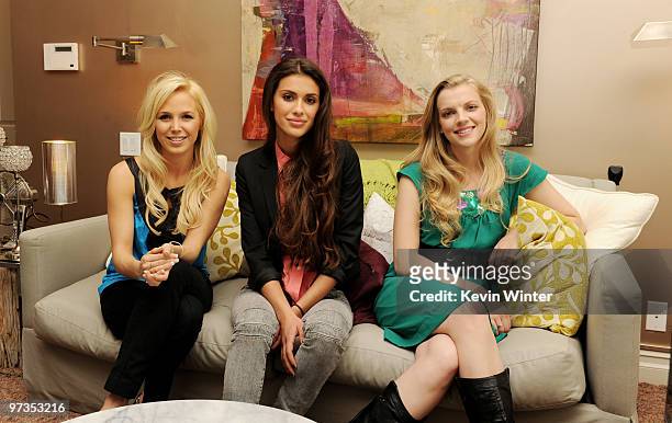 Actress Amanda Phillips, model Giglianne Braga and actress Kara Killmer pose at the "If I Can Dream" house tour and cast meet and greet at a private...