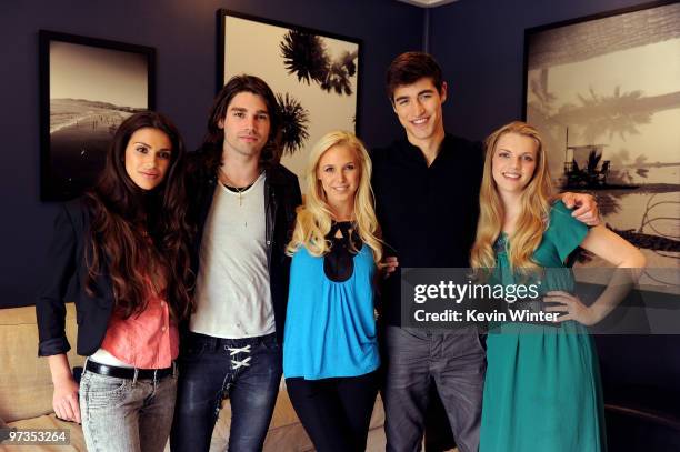 Model Giglianne Braga, musician Justin Gaston, actors Amanda Phillips, Benjamin Elliott and Kara Killmer pose at the "If I Can Dream" house tour and...