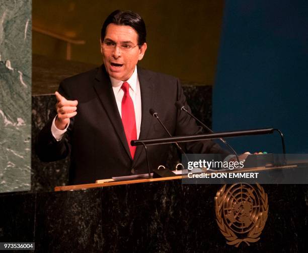 Israel's Ambassador to the United Nations Danny Danon speaks to the General Assembly before a vote, to deplore Israeli actions in Occupied East...