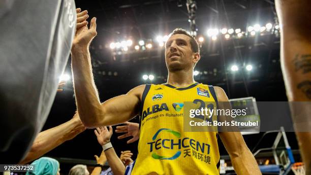 Spencer Butterfield of ALBA Berlin celebrates after winning the fourth play-off game of the German Basketball Bundesliga finals at Mercedes-Benz...