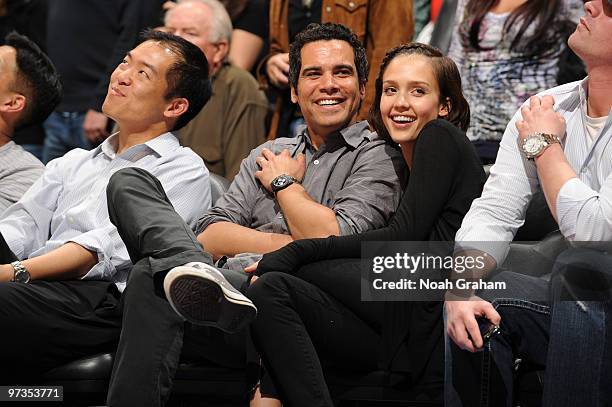 Producer Cash Warren and wife Jessica Alba attend a game between the Utah Jazz and the Los Angeles Clippers at Staples Center on March 1, 2010 in Los...