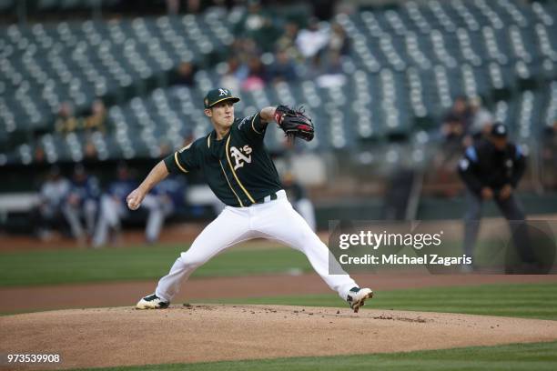 Daniel Gossett of the Oakland Athletics pitches during the game against the Seattle Mariners at the Oakland Alameda Coliseum on May 23, 2018 in...